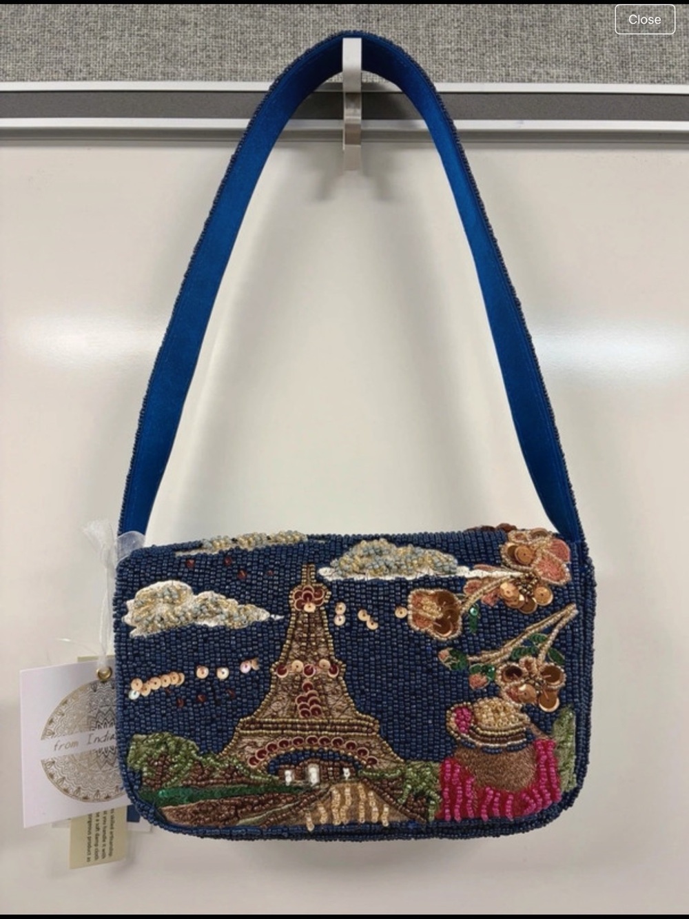 T.J.Maxx Blue Beaded Shoulder Bag with Multicolor Embroidery Paris New